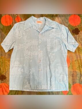 Vtg Young Hawaii Hawaiian Floral Print Mens Button Up Down Shirt L/XL Blue White